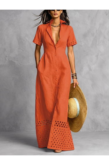 Split-Front Solid Color Pockets Hollow Elasticity Buttoned Short Sleeves Loose Lapel Maxi Dresses