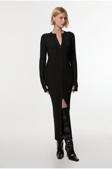 Premium Slinky Ribbed Knit Button Through Midaxi Dress