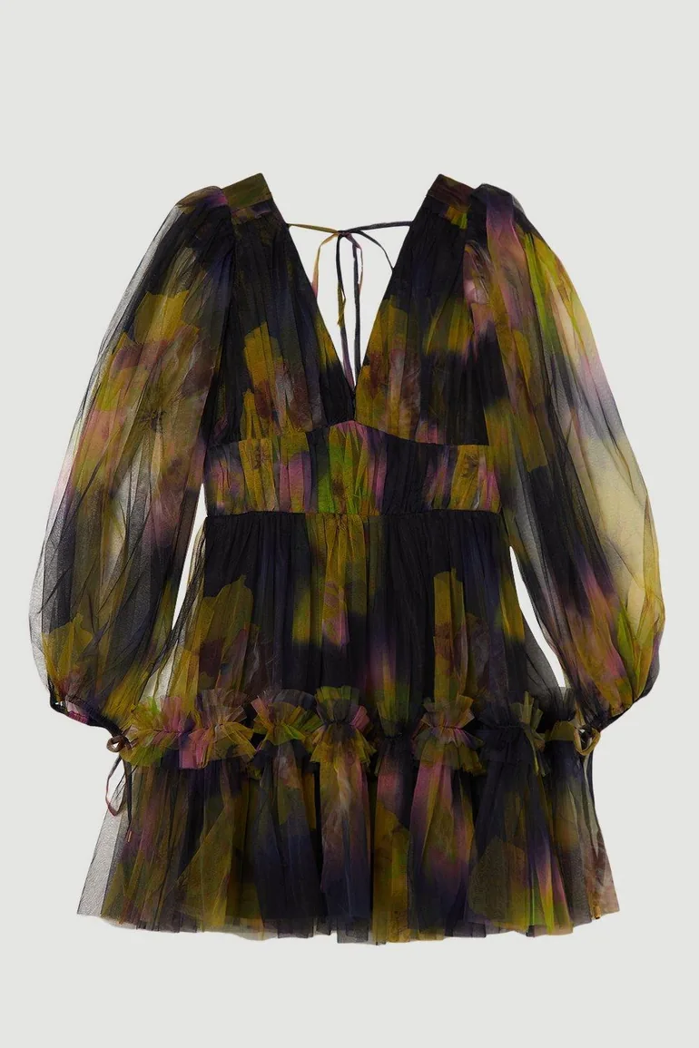Floral Tulle Plunge Woven Mini Dress - 3