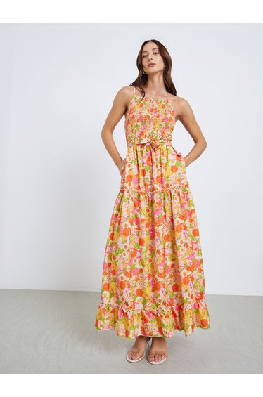 Women Floral Print Smocking Detail Strappy Maxi Dress
