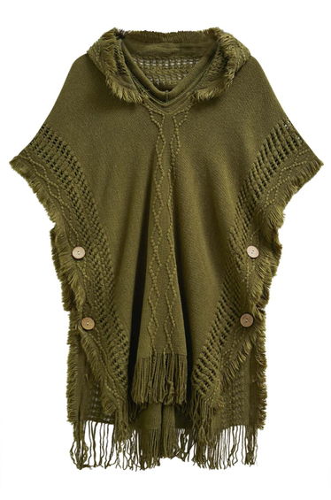 Diamond Button Fringe Hooded Poncho in Olive