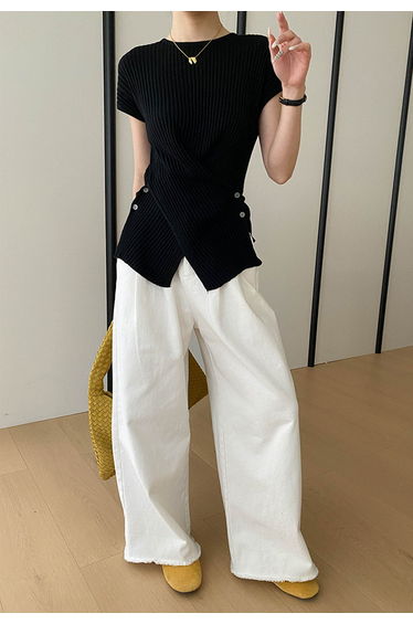 Stylish Crisscross Buttoned Waist Rib Knit Top in Black for Workdays & Coffee Runs
