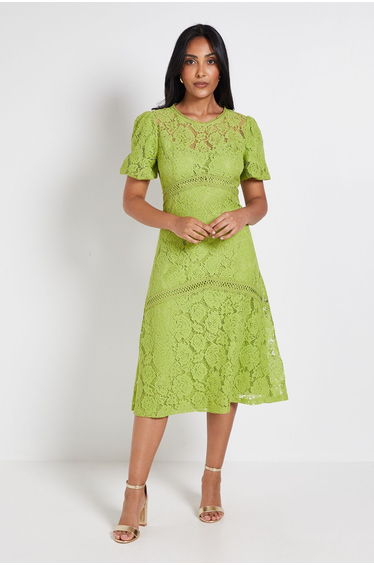 Petite Lace Puff Sleeve Midi Dress