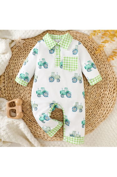 Baby Boy Plaid Collar Tractor Romper