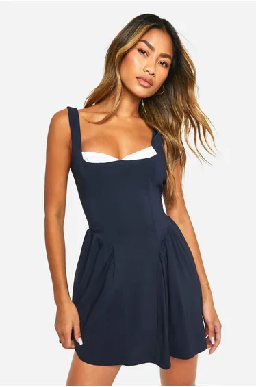 Bengaline Milkmaid Mini Dress - navy