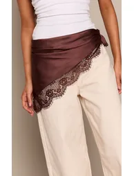 Chocolate Satin Lace Trim Scarf - 3