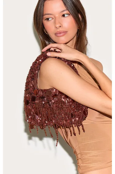 Chocolate Jeweled Sequin Shoulder Bag