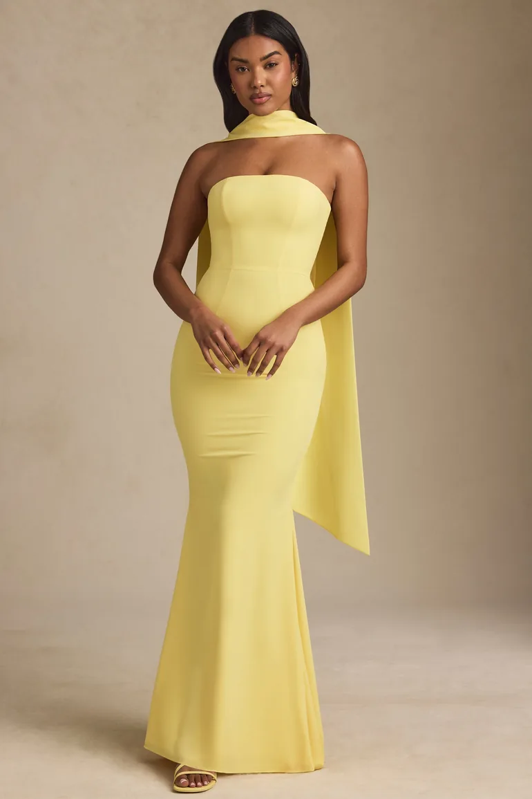 Scarf-Detail Strapless Gown in Pastel Yellow - 4