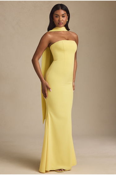 Scarf-Detail Strapless Gown in Pastel Yellow