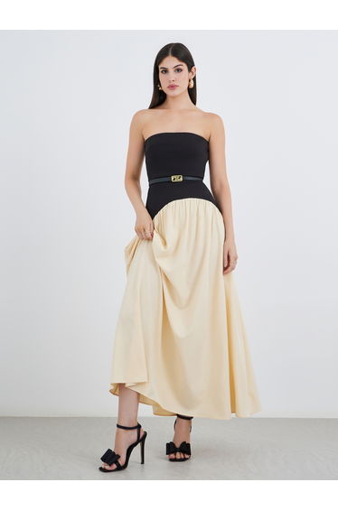 Women Color Block Strapless A-Line Maxi Dress with Belt Detail