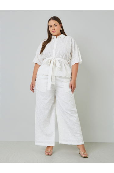 Plus Size Embroidered Shirt with Tie-Belt