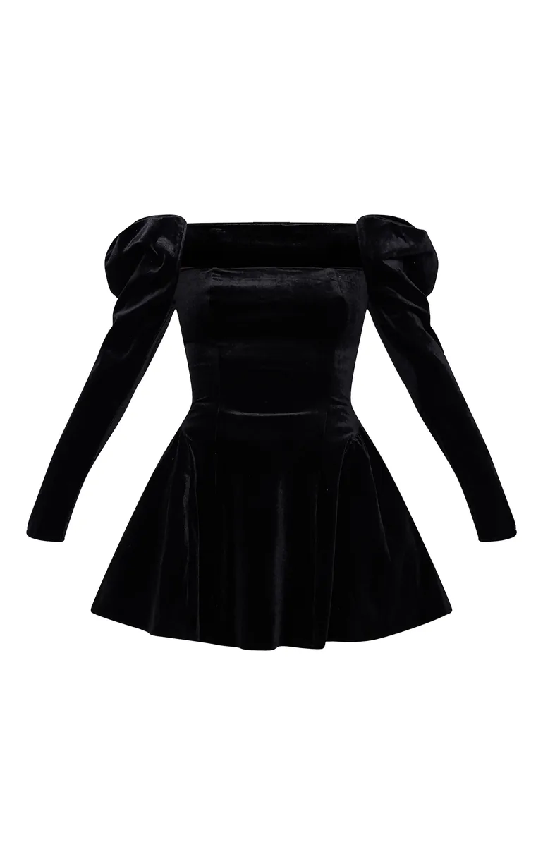 Black Velvet Extreme Puff Sleeve Skater Dress - 3