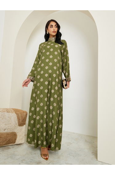 Women Stand Collar Printed Jalabiya With Lace Trim