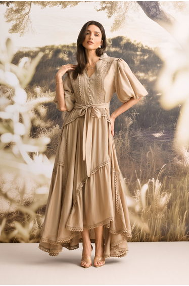 Penelope Lace Trim Puff Sleeve Maxi Dress
