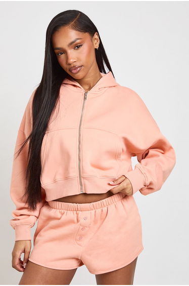 Boxy Zip Through Hoodie And Henley Button Short Tracksuit - apricot