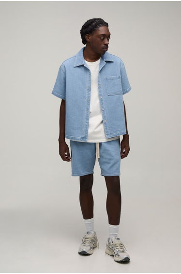 Washed Ribbed Denim Relaxed Fit Shorts - light wash