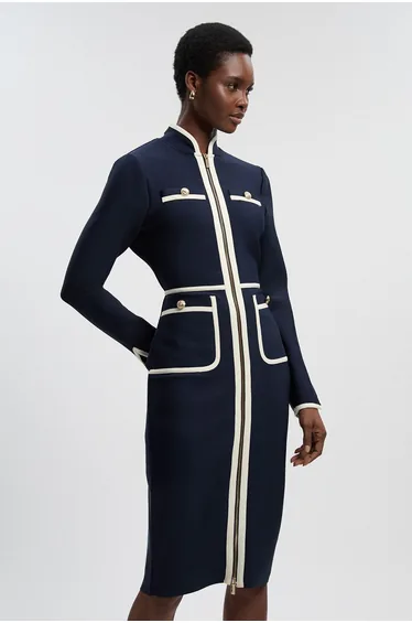 Figure Form Bandage Knit Piping Detail Military Midi Dress