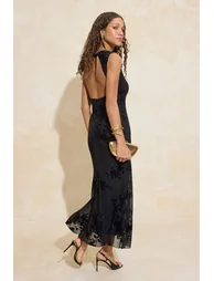 Black Floral Patterned Flock Tulle Lined Maxi Dress - 1