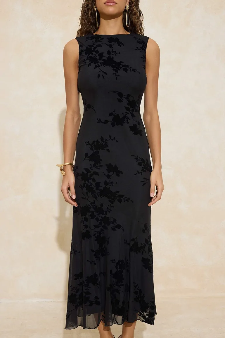 Black Floral Patterned Flock Tulle Lined Maxi Dress - 2