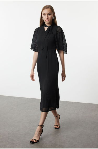 Black Pleated Sleeve Tied Collar A-Line Lined Midi Chiffon Woven Dress