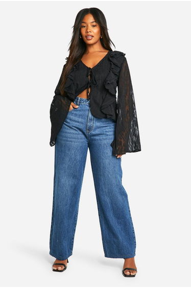 Plus Burnout Animal Tie Front Ruffle Blouse - black