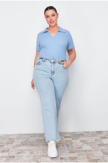Blue Polo Neck Bodycone Knitted Blouse