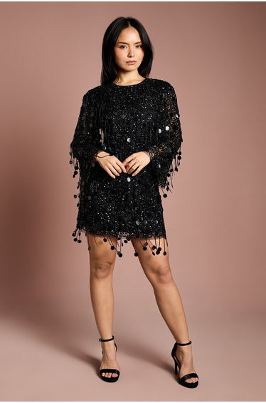Petite Party Sequin Tassel Long Sleeve Midi Dress