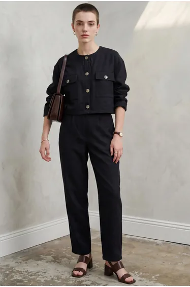 MY FASHION Crew Neck Buttoned Pocket Two-Piece Set