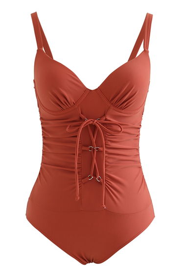Ruched Lace-Up Front Open Back Swimsuit in Rust Red