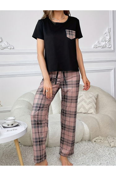 Black Plaid Pocket Print T-Shirt and Shorts Set