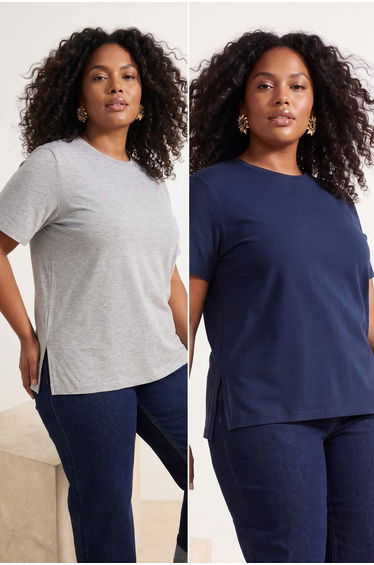 Gray Melange- Navy Blue 2-Pack Oversize Fit Basic Plus Size T-Shirt