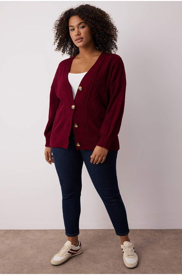Burgundy Knit Detailed V-Neck Buttoned Knitwear Cardigan