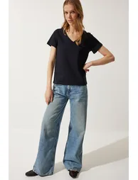 Women's Black V Neck Basic Knitted T-Shirt