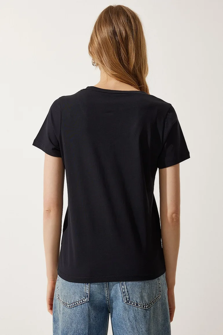 Women's Black V Neck Basic Knitted T-Shirt - 6