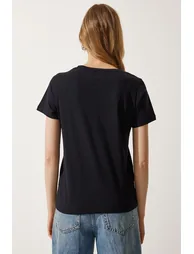 Women's Black V Neck Basic Knitted T-Shirt - 6