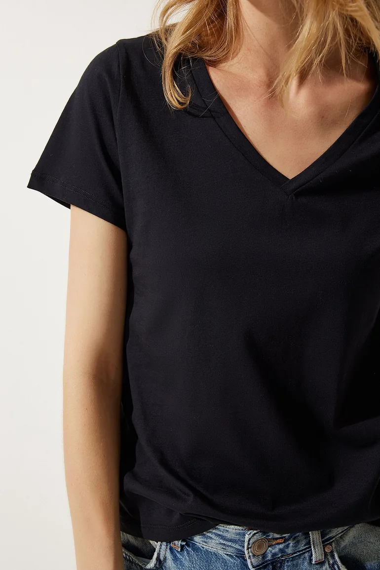 Women's Black V Neck Basic Knitted T-Shirt - 5