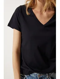 Women's Black V Neck Basic Knitted T-Shirt - 5