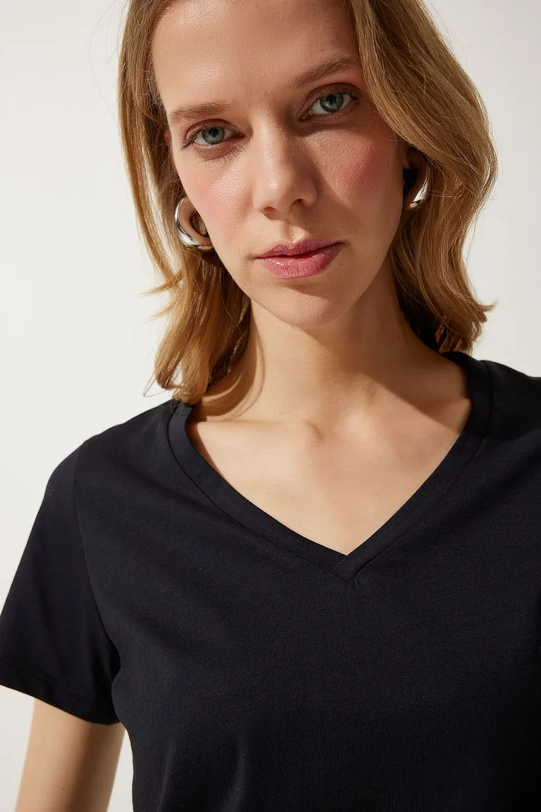 Women's Black V Neck Basic Knitted T-Shirt - 4