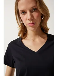 Women's Black V Neck Basic Knitted T-Shirt - 4