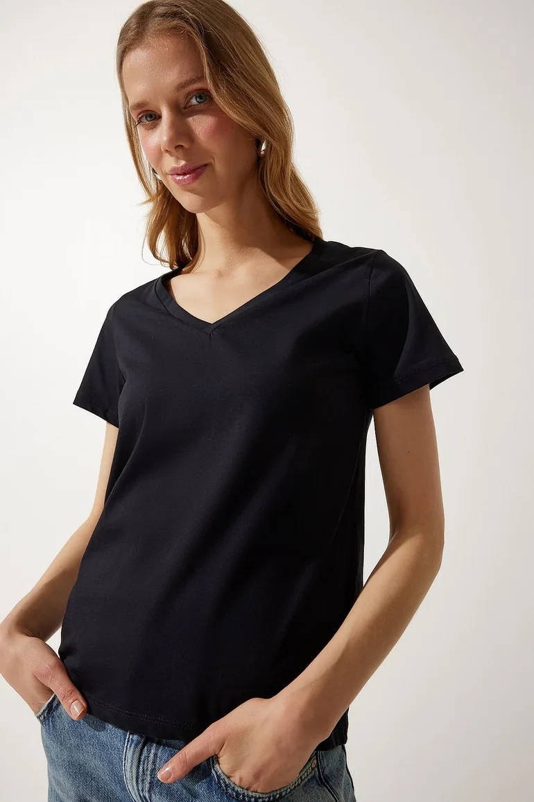 Women's Black V Neck Basic Knitted T-Shirt - 2