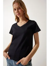 Women's Black V Neck Basic Knitted T-Shirt - 2