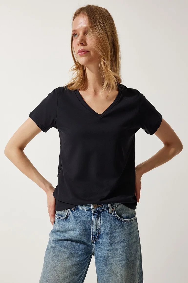 Women's Black V Neck Basic Knitted T-Shirt - 3