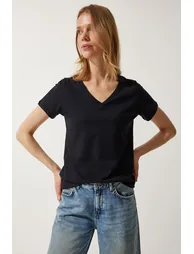 Women's Black V Neck Basic Knitted T-Shirt - 3