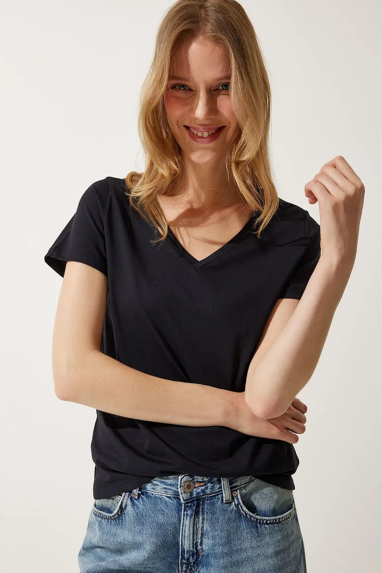 Women's Black V Neck Basic Knitted T-Shirt - 1