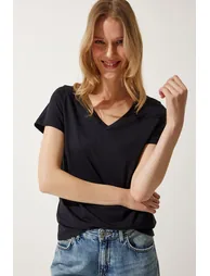 Women's Black V Neck Basic Knitted T-Shirt - 1