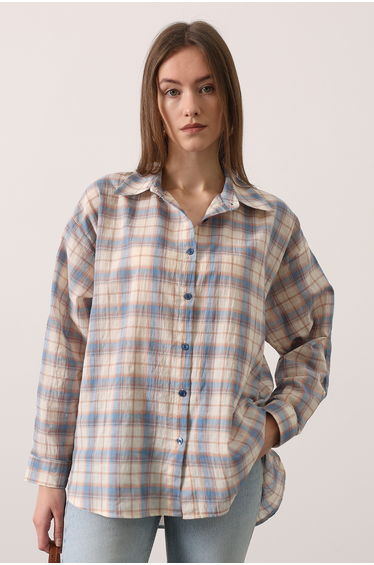 Light Brown Blue Plaid Pack Oversized Shirts