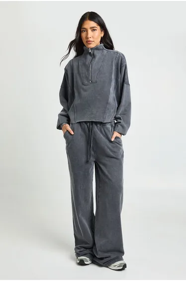 Tall Washed Half Zip Funnel Neck Tracksuit - charcoal