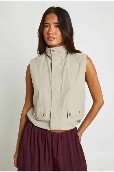 Funnel Neck Sleeveless Zip Through Top - taupe