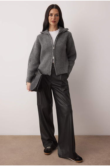 Wardrobe essentials anthracite zippered soft textured wide fit knit cardigan|Two