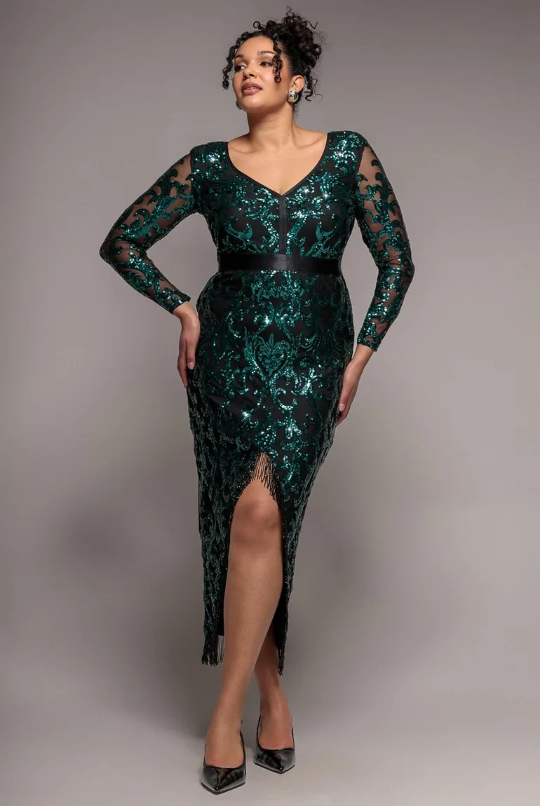 Tassel & Sequin Maxi With Front Split - Emerald Green by Goddiva Plus  Goddiva Green : Dresses : VogaCloset Oman